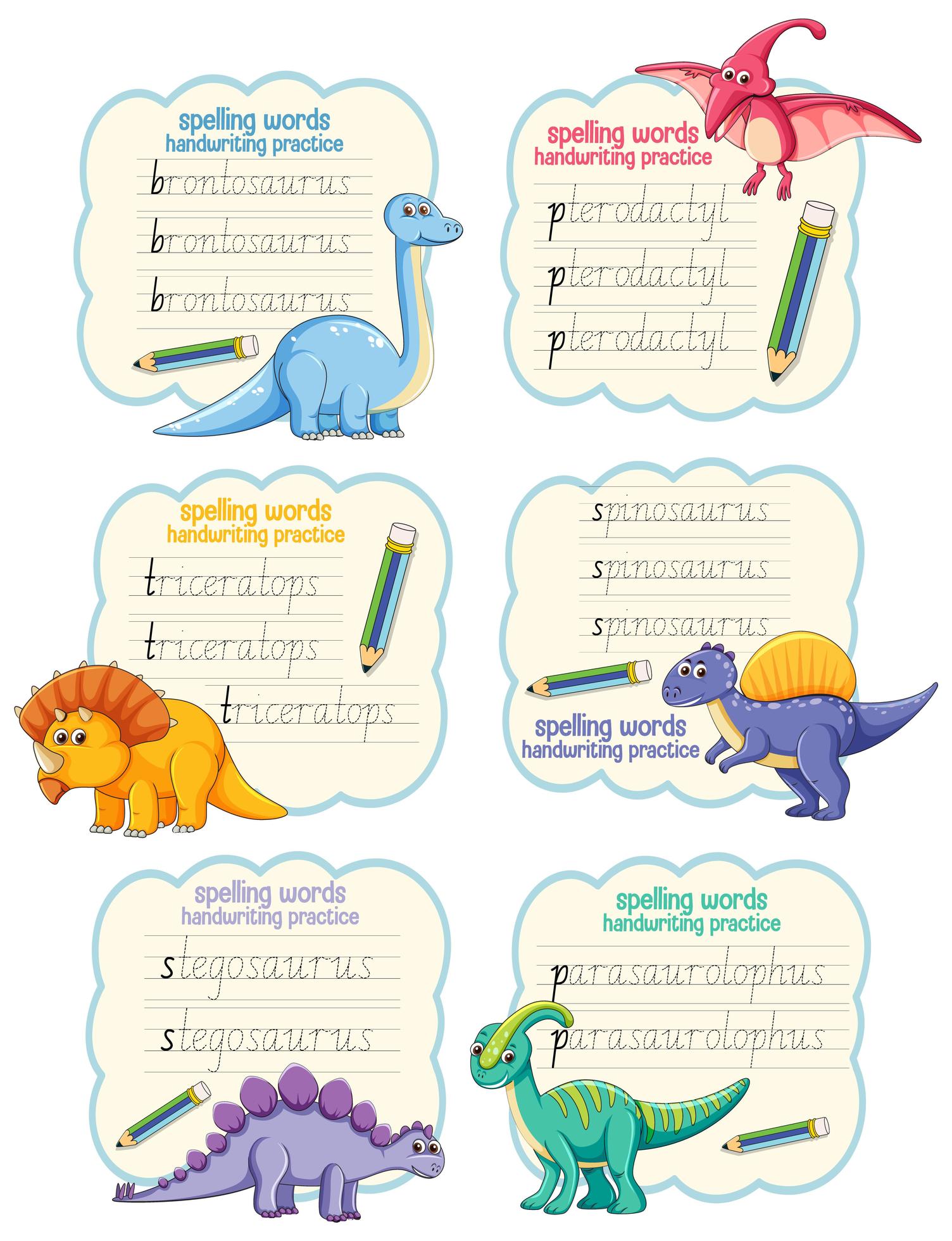 Set of spelling words dinosaur handwriting practice worksheet 1879190