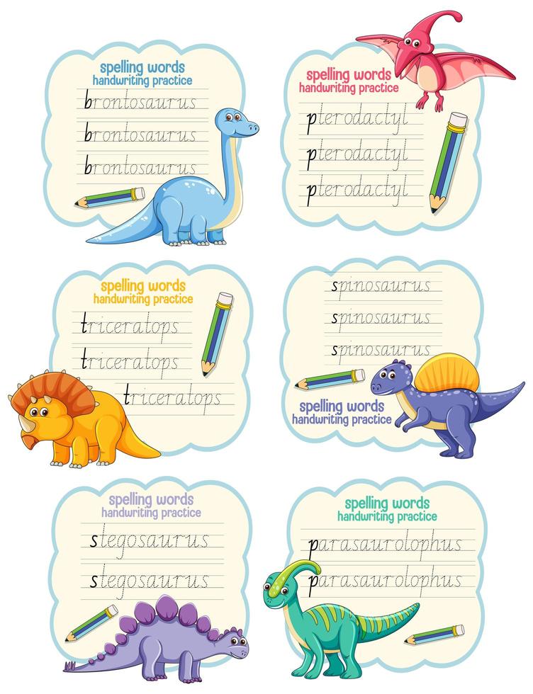 Set of spelling words dinosaur handwriting practice worksheet vector