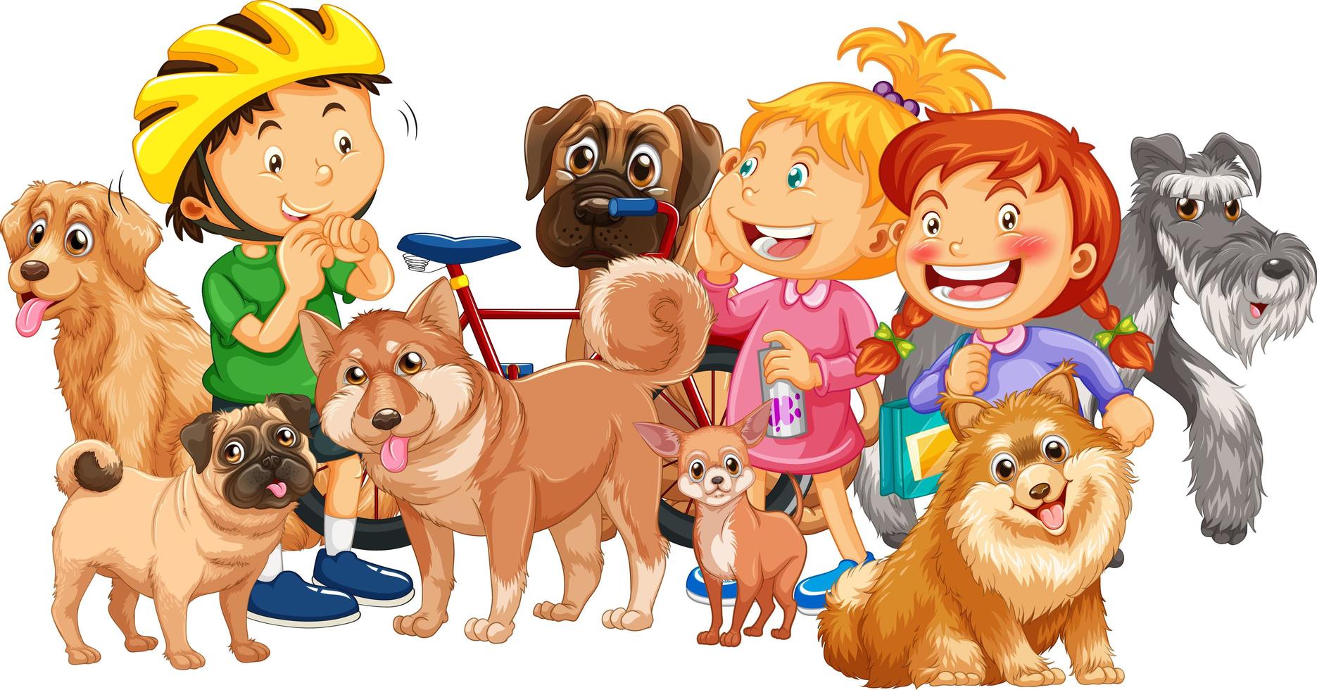 Group of children with their dogs on white background vector