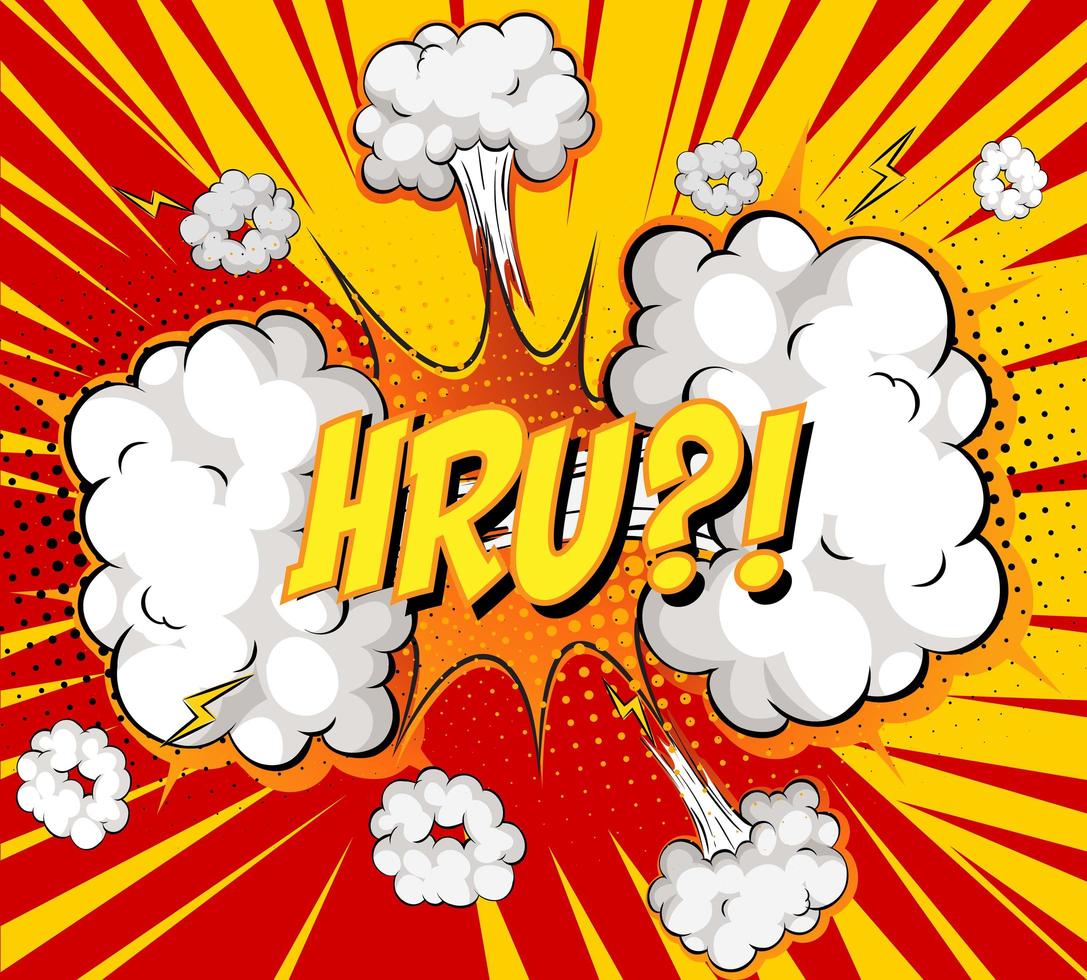 HRU text on comic cloud explosion on rays background vector