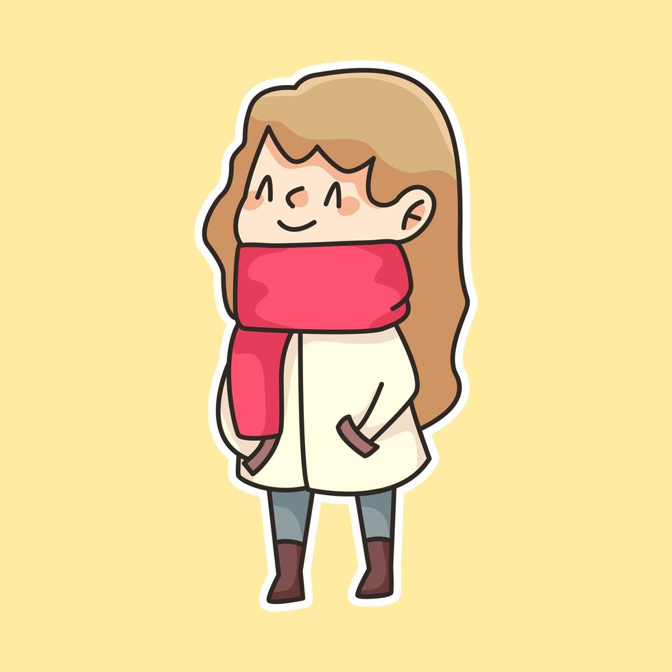 niña de invierno con bufanda linda ilustración de dibujos animados vector