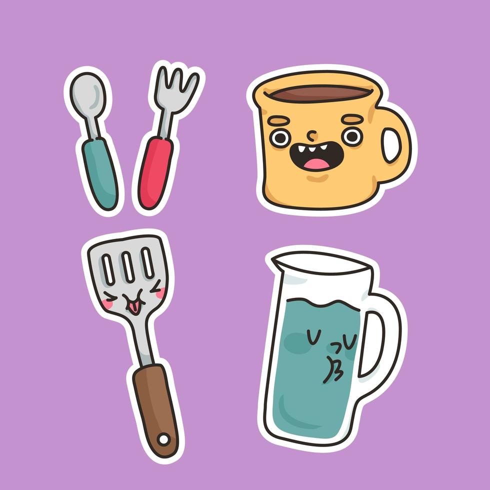 utensilios taza, cuchara, tenedor, espátula y jarra linda cocina ilustración de etiqueta de dibujos animados vector