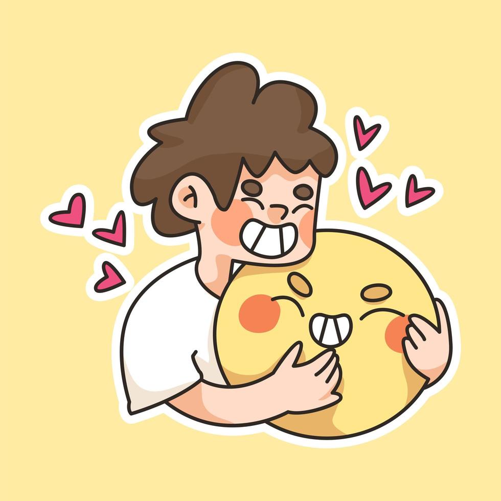 boy hugging a big happy face emoji cute cartoon  illustration vector