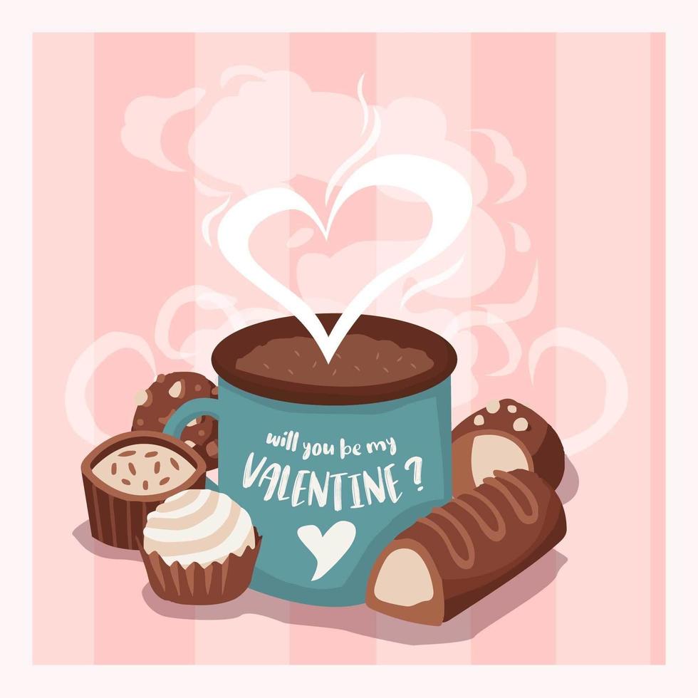 chocolate y chocolate caliente en taza de san valentín vector