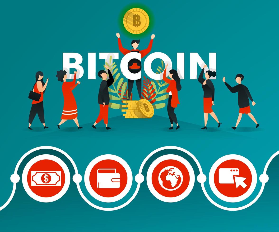 grupo de personas que están interesadas en bitcoin y los hombres lo están promocionando. Puede utilizar para, página de destino, plantilla, interfaz de usuario, web, aplicación móvil, póster, banner, promoción en línea, marketing en Internet, finanzas, comercio vector