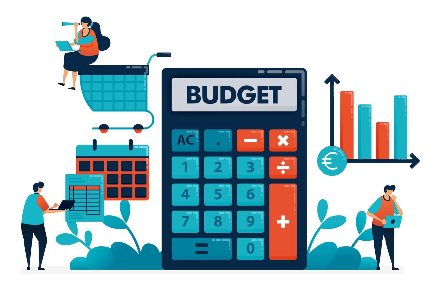 Planning monthly budget for shopping and purchase, manage financial plan with calculator, financial consulting software, banking accounting platform, illustration of website, banner, software, poster vector