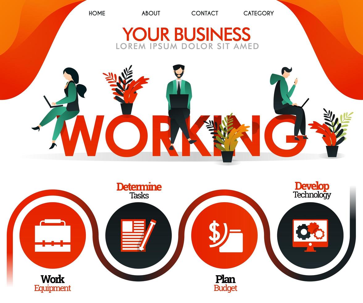 people are working on the word WORKING. can use for, landing page, template, ui, web, mobile app, poster, banner, flyer, vector illustration, online promotion, internet marketing, finance, trading