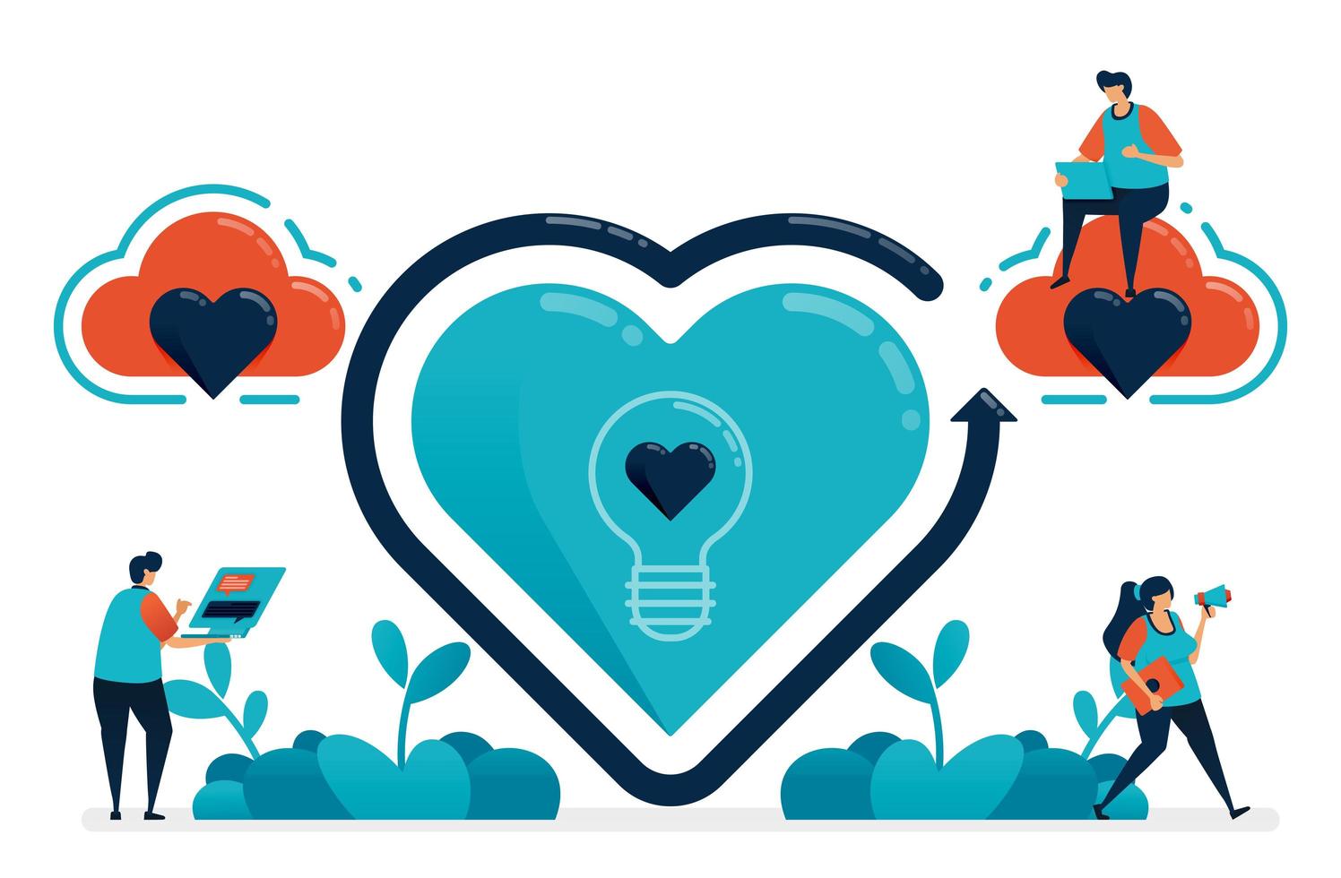 Symbol of ideas in love and valentine. Looking for inspiration in romantic and romance. Up and down in marriage relationship. Wedding proposal illustration of website, banner, poster, invitation, card vector