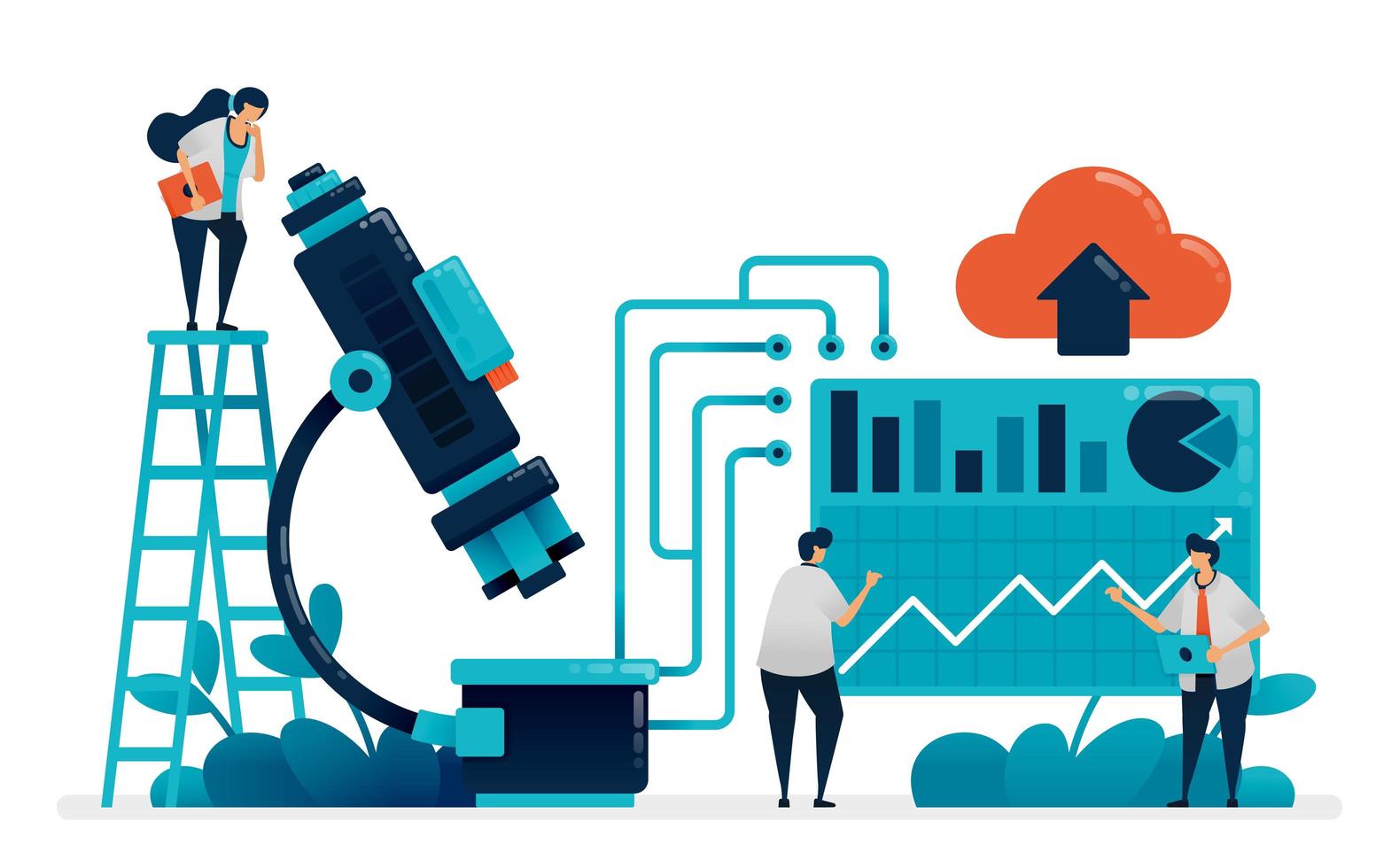 Doctors and scientists research with microscope. Analyze statistics laboratory result in hospital and clinic. Learn chemistry, physics, biology. Illustration for business card, banner, brochure, flyer vector