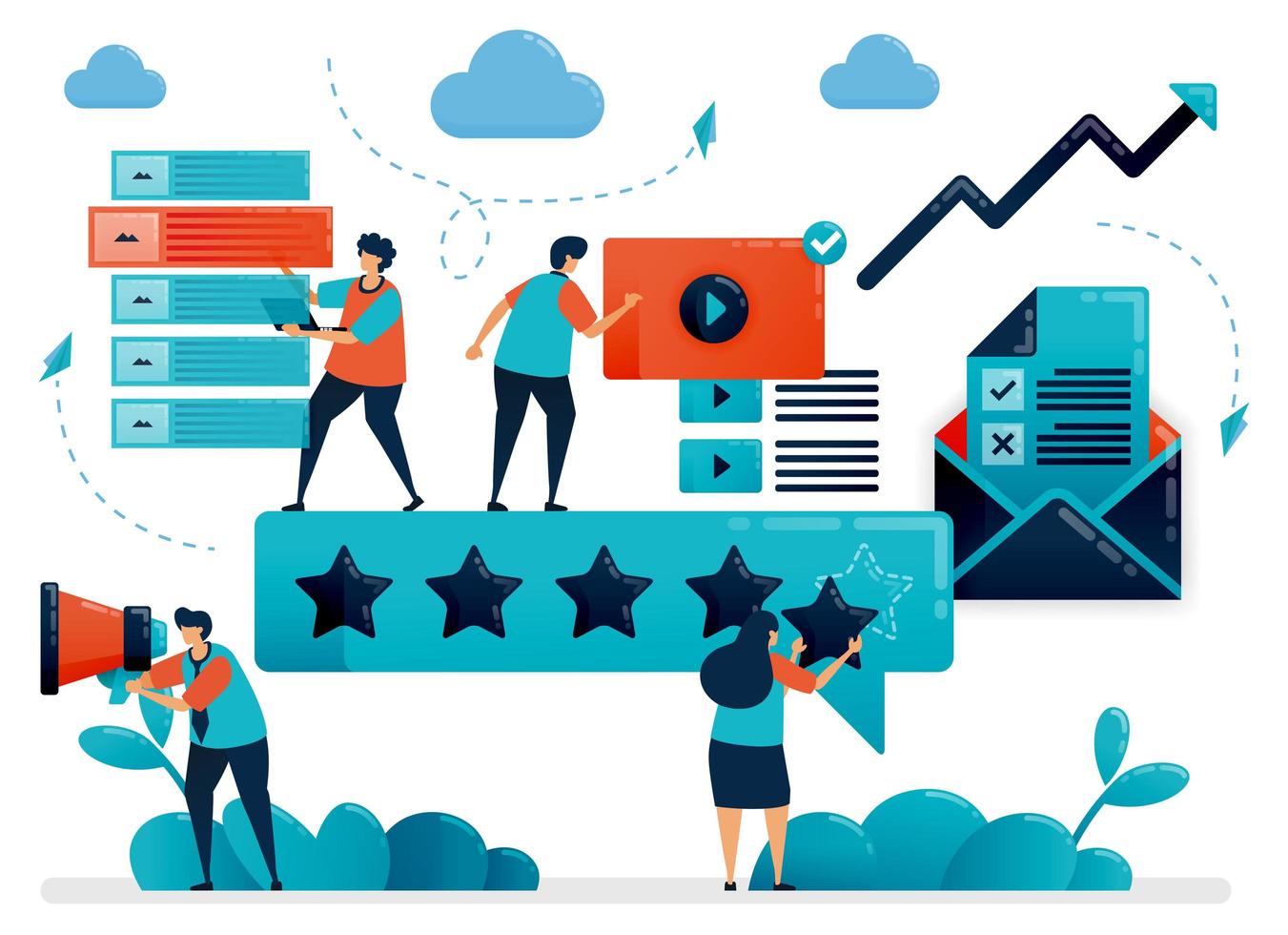 5 star for best content on social media. Choose content with highest rating. Give feedback for digital content, video, article. Flat cartoon character for landing page, website, mobile, flyer, poster vector