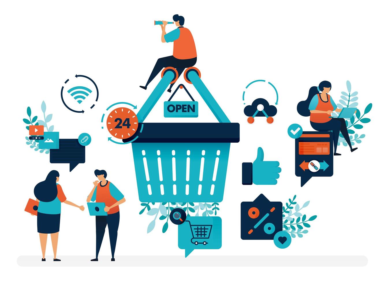 People are around shopping basket to get promos and discounts. User satisfaction level with thumb and love. Flat vector illustration for landing page, web, website, banner, mobile apps, flyer, poster