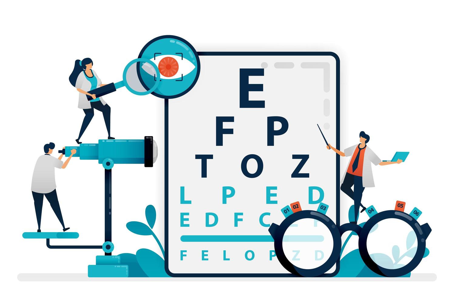 Doctor checks patient eyes health with snellen chart, glasses for eye disease. eye clinic or optical eyewear store. optician professional. Illustration for business card, banner, brochure, flyer, ads vector