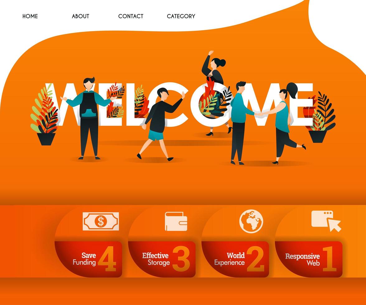 WELCOME word with an orange theme and lots of people around. can use for, landing page, template, ui, web, mobile app, poster, banner, flyer, vector illustration, online promotion, internet marketing
