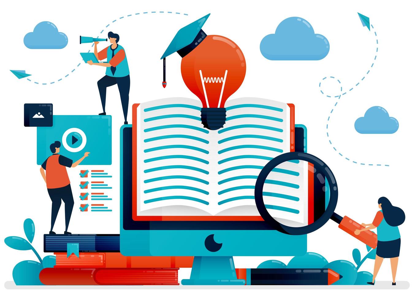 Digital library to get ideas, inspiration and solutions. Online learning for students. Reading app, online books. Education by blog.Vector illustration, landing page, card, banner, brochure, flyer vector