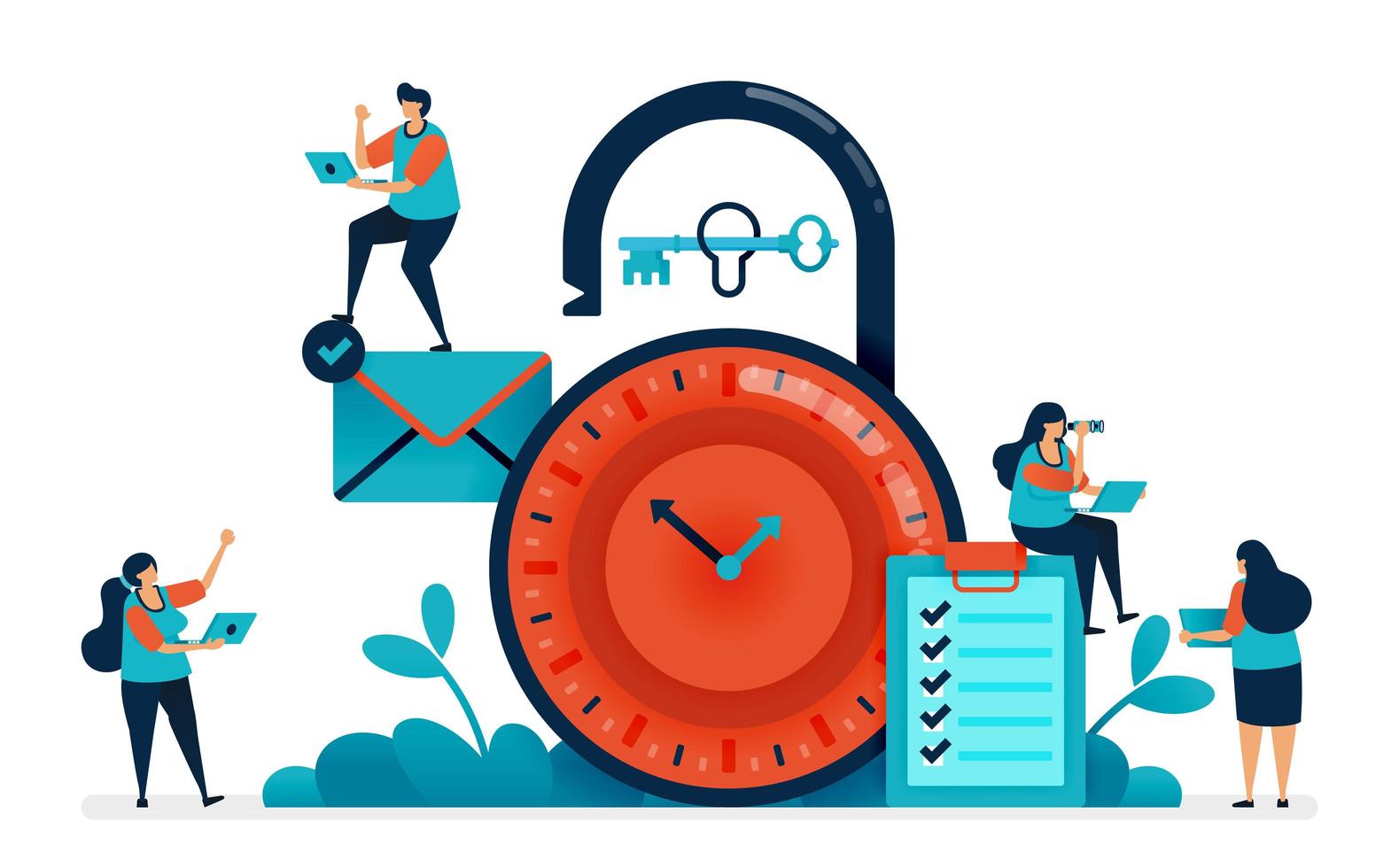 Time management at work, multitasking in managing time, security scheduling and business planning, stopwatch padlock lock, clock lock security. Vector illustration of website banner, software, poster