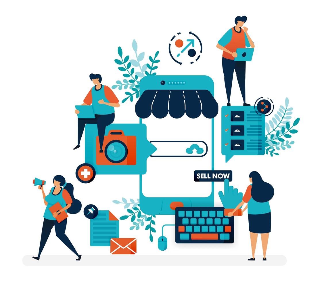 plataforma de mercado para vender con teléfono inteligente. crear tienda o negocio con un sistema móvil. promoción de internet online. ilustración vectorial plana para página de destino, web, sitio web, banner, aplicaciones móviles vector