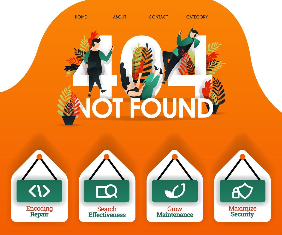 404 NOT FOUND with people looking for error and problems. can use for, landing page, web, mobile app, poster, banner, flyer, vector illustration, online promotion, internet marketing, finance, trading