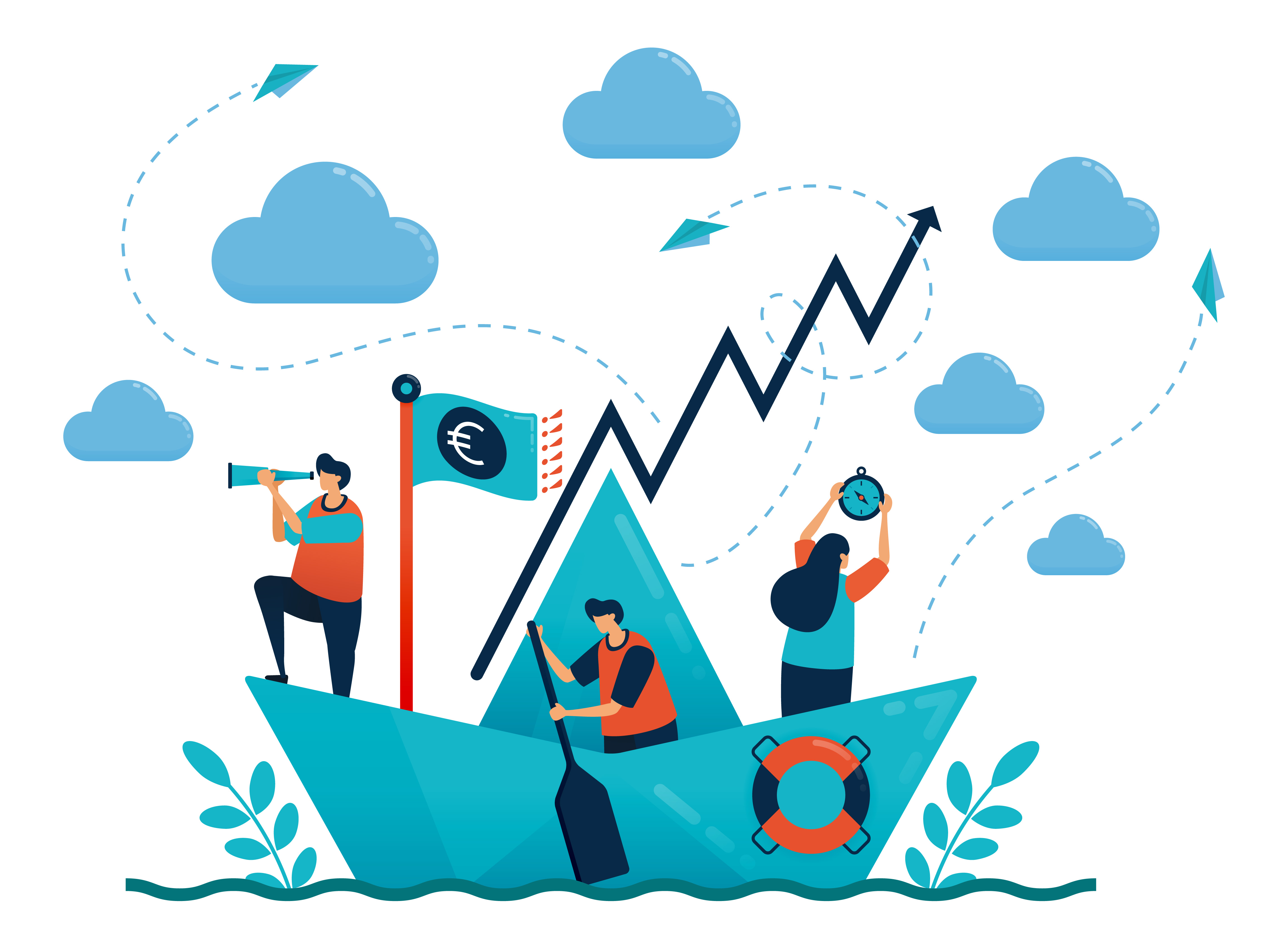 Leadership in leading and organizing. Origami paper ship. Motivation