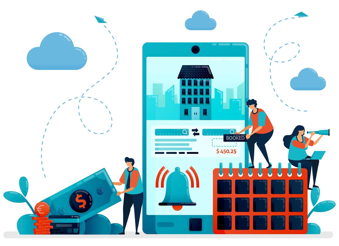 Reservation, booking, order, purchases for hotel room and apartment. Mobile apps services for traveling and trip. Flat character vector illustration for landing page, web, banner, mobile apps, poster