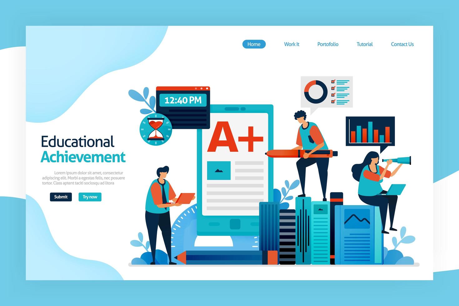 landing page of educational achievement. Academic performance, student, teacher, institution goal. improve learning skills, knowledge, planning, critical thinking. designed for website, mobile apps vector