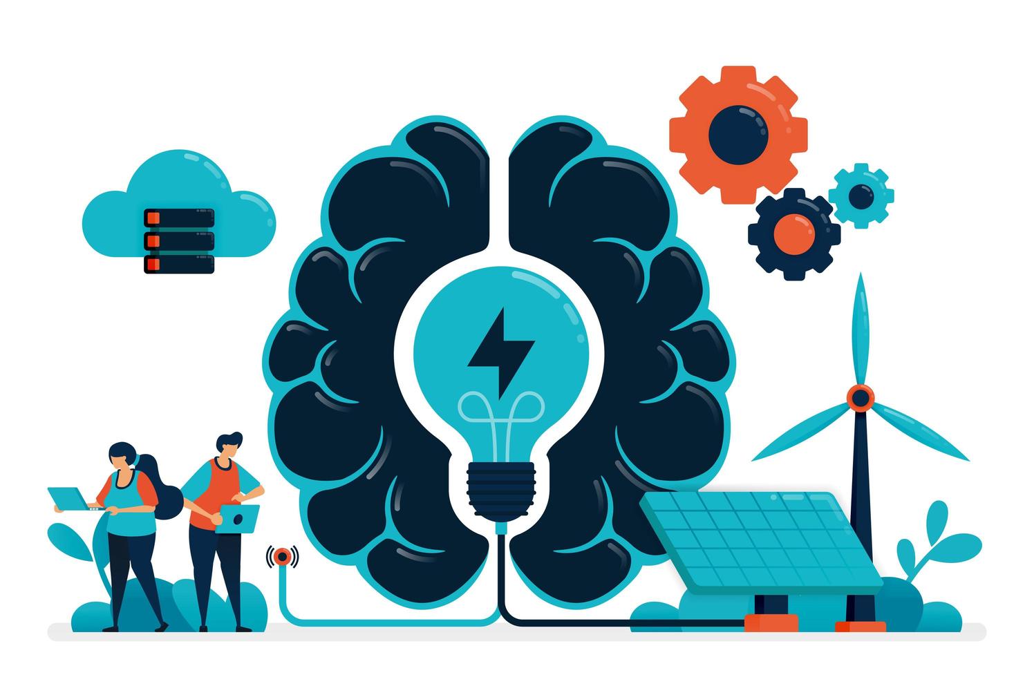 inteligencia artificial para energía verde inteligente. Gestión de la energía del suministro de cerebro artificial. energía futura con célula solar y eólica. idea en tecnología artificial. tarjeta de visita, pancarta, folleto, volante vector