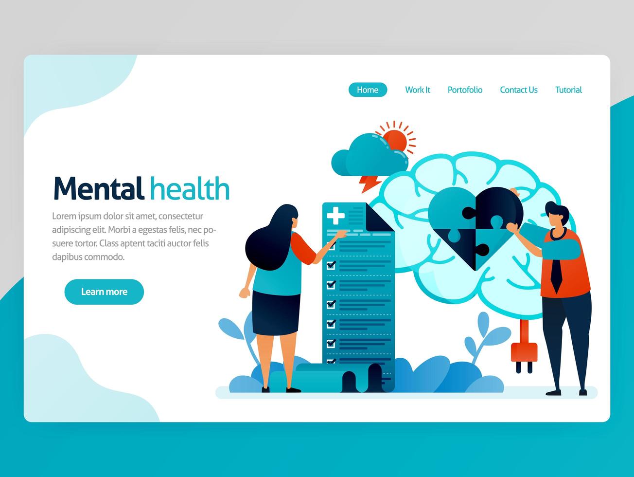 Ilustración de salud mental. la gente revisa mental y psicológicamente. rompecabezas del corazón. tratamiento cerebral y terapia de asesoramiento. vector de dibujos animados para el encabezado de la página de inicio del sitio web aplicaciones de plantilla de página web de aterrizaje