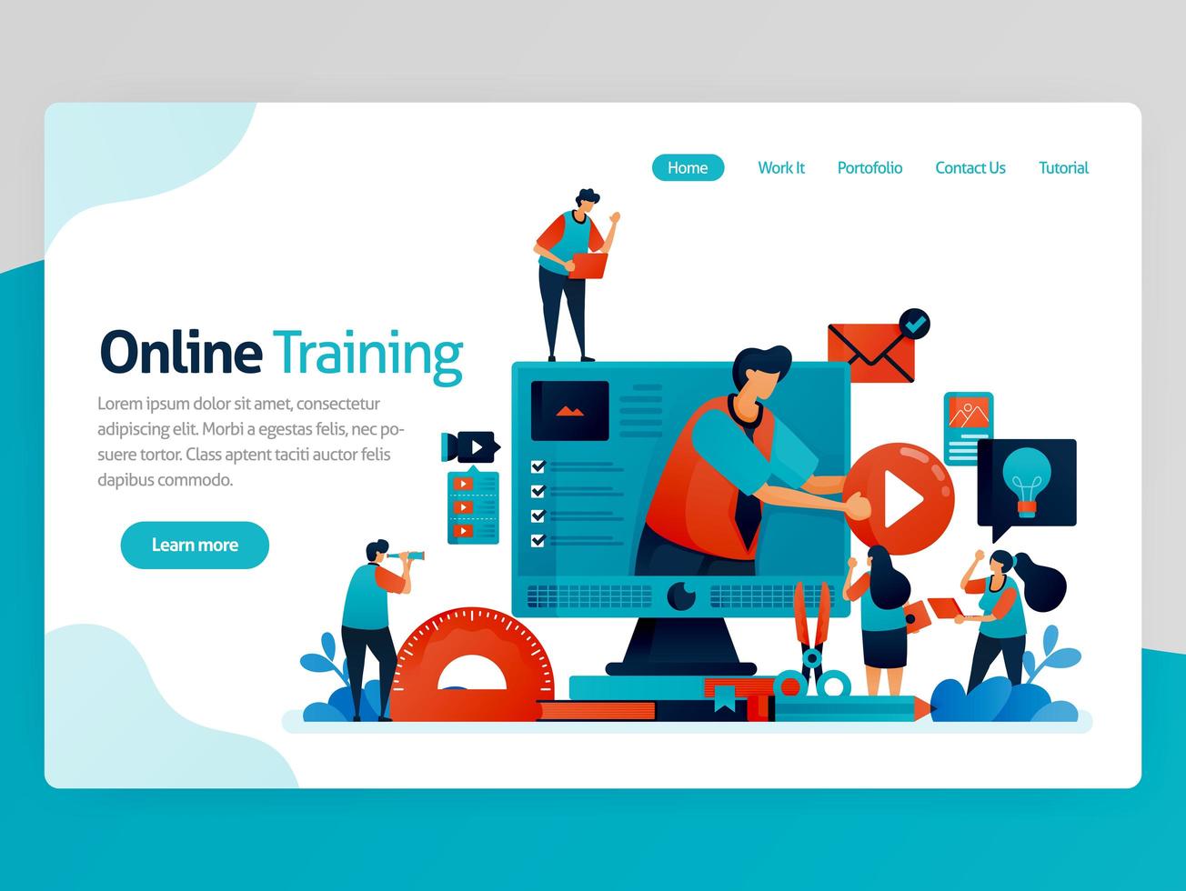 Vector illustration for online training landing page. Web and learning apps. Modern education, distance learning and elearning. Interactive courses and tutoring. Homepage header web page template apps