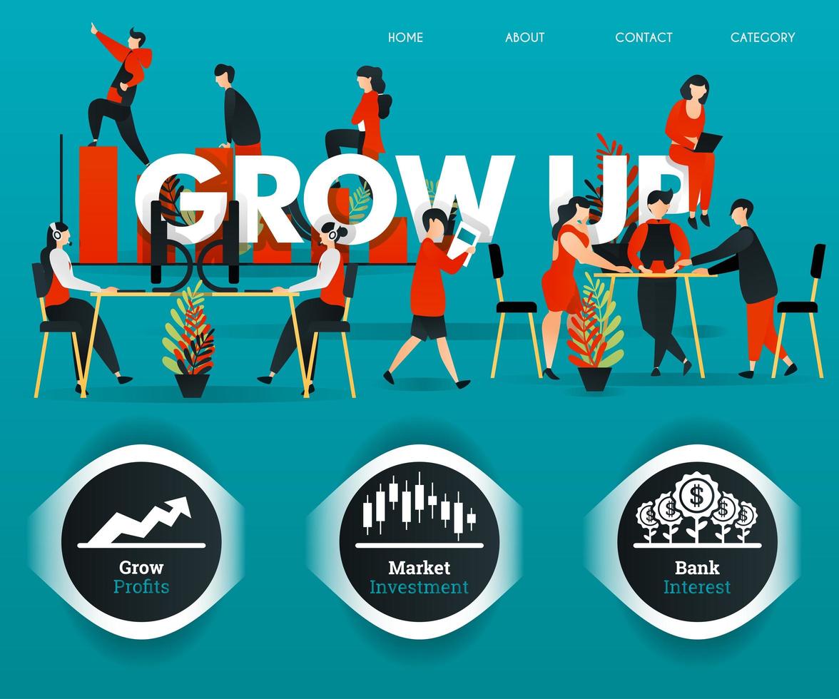 people are working, employees are discussing for GROW UP company. can use for, landing page, template, ui, web, mobile app, poster, banner, online promotion, internet marketing, finance, trading vector