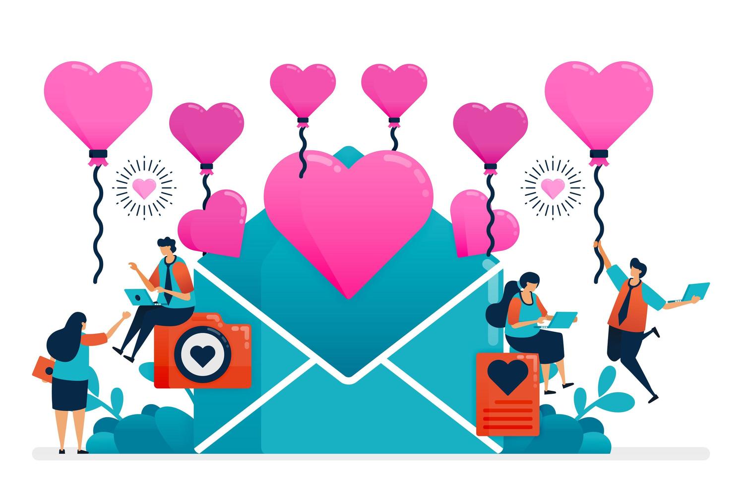 love letter for couple on valentine day, wedding, engagement. pink heart balloon for success in romantic relationship. decoration of happiness Illustration of website, banner, poster, invitation, card vector