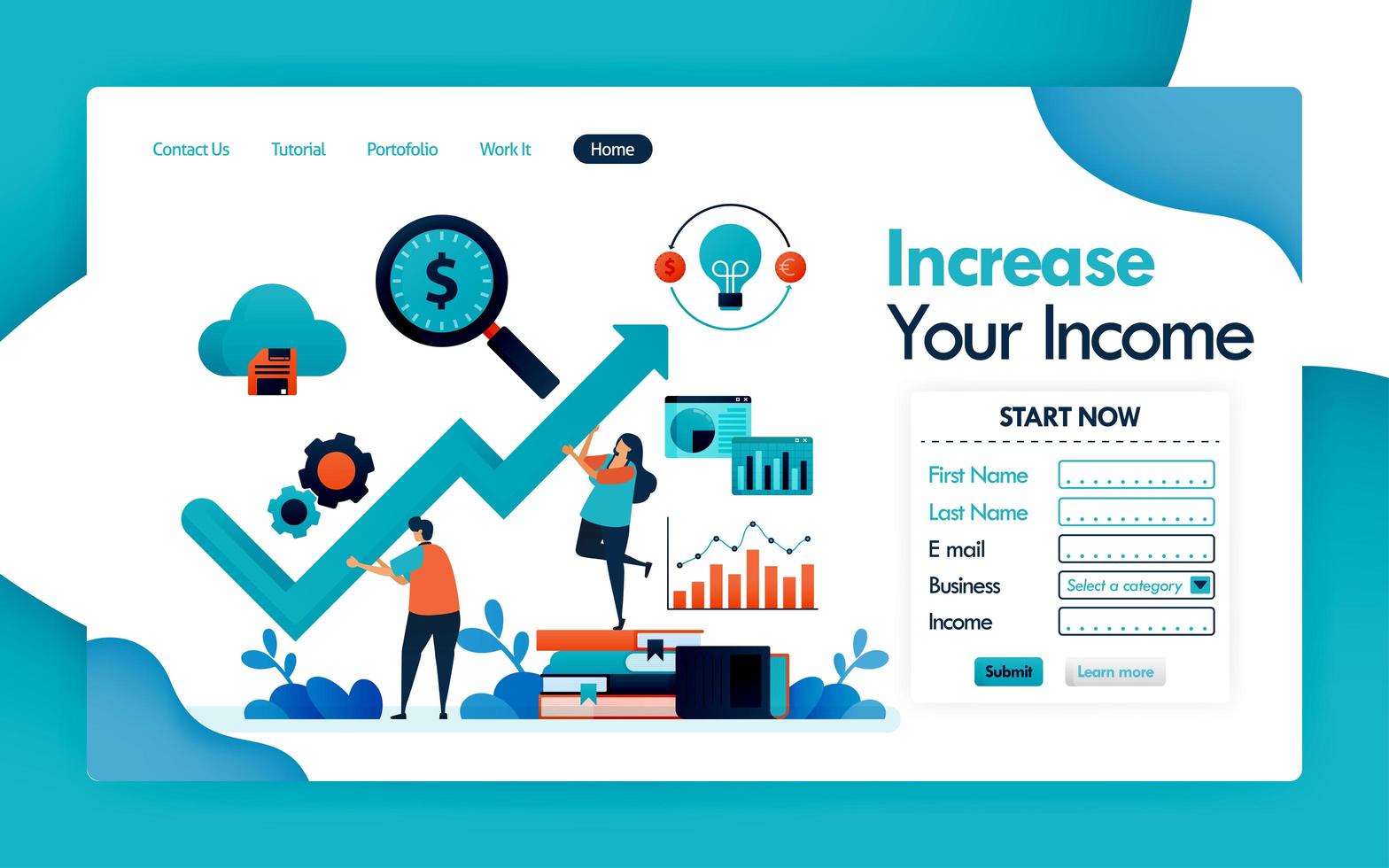 landing page for business and increase in revenue, increases in income and profit in company, chart and graph for statistical analysis and financial strategy. vector design flyer poster mobile apps