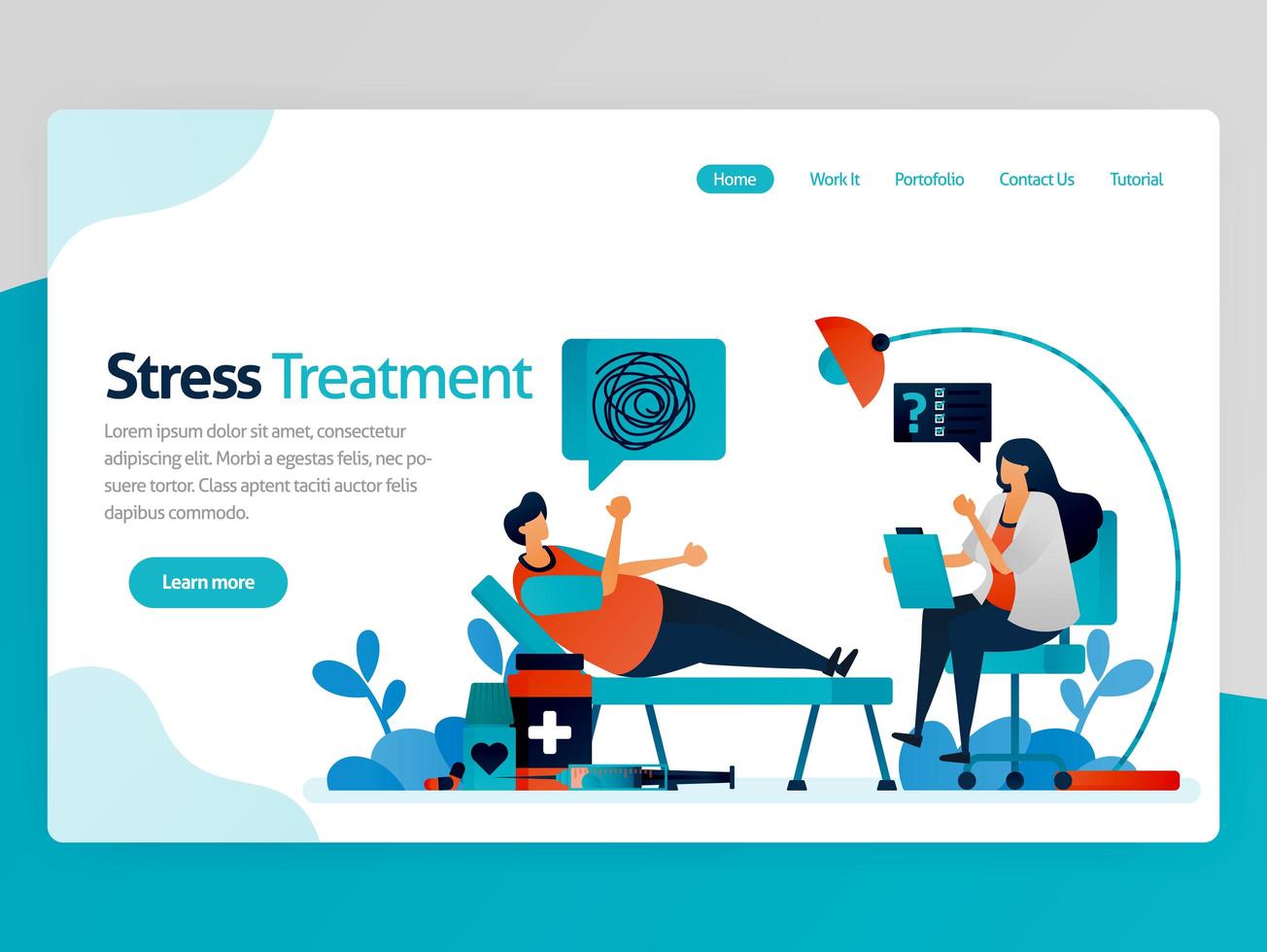 Illustration of stress treatment. Therapy for crazy people. Psychology counseling doctor. Solve life problems. Mental healing. Vector cartoon for website homepage header landing web page template apps