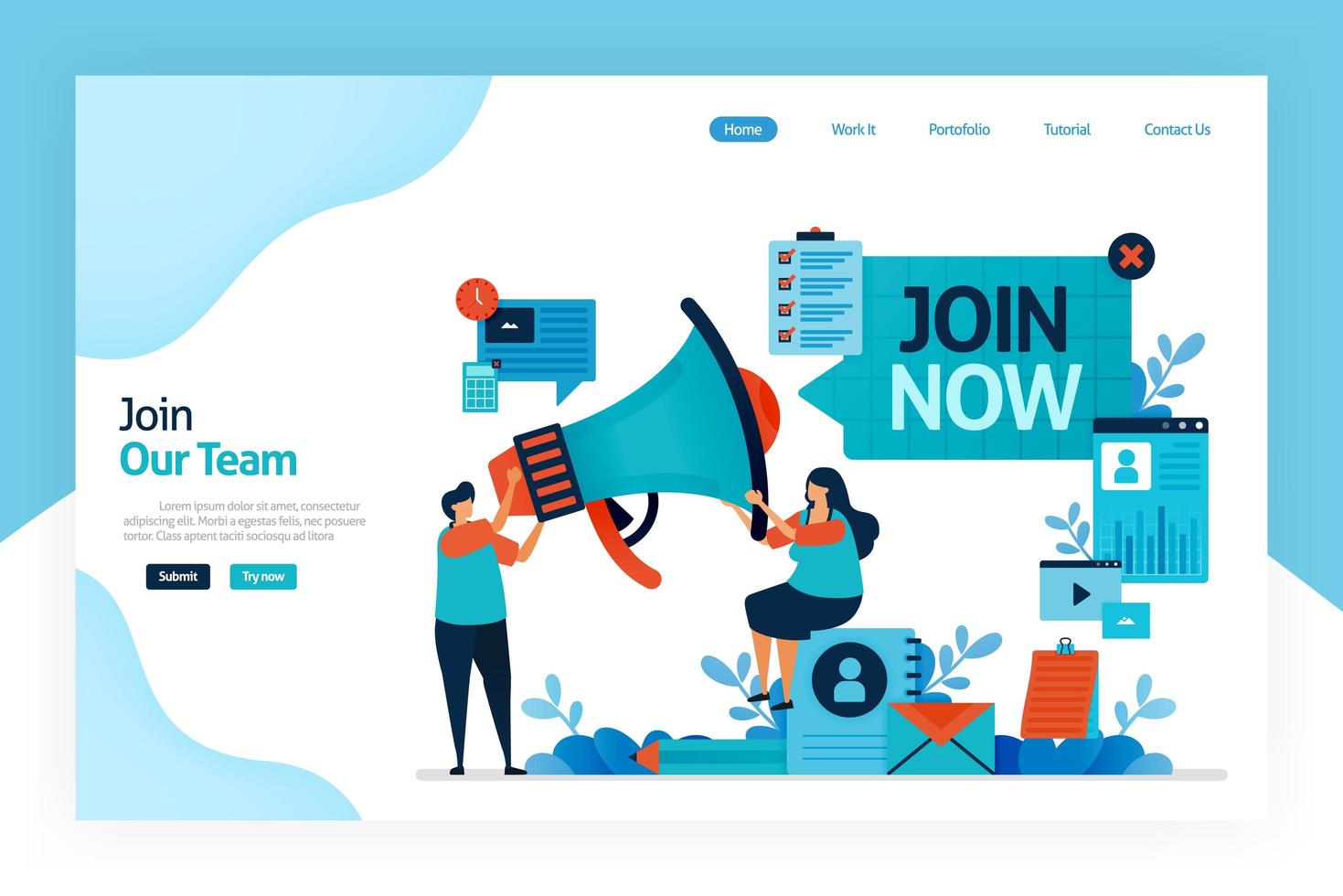 Landing page of join now. hiring and open recruitment of employee. referral memberships business. megaphone for refer a friend. resume application and job interview. designed for website, mobile app vector