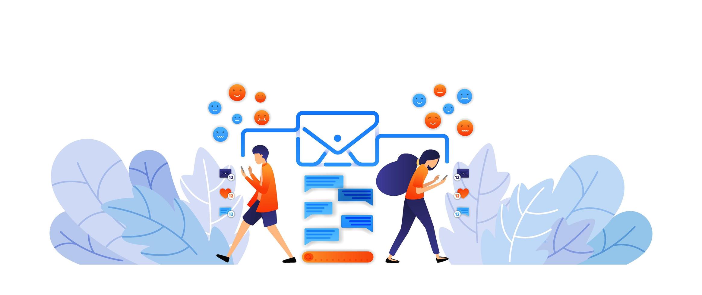exchanging messages with social media. send digital messages and emoticons with envelopes. talk by typing vector illustration concept for landing page, web, ui, banner, poster, template, background