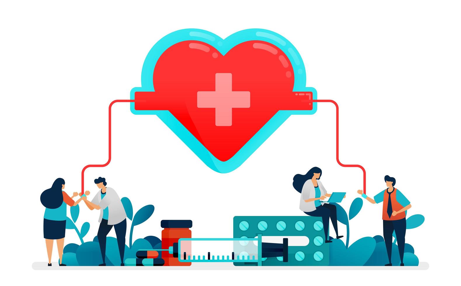 People donate blood to hospital emergency services. Transfusion bag with heart and red cross symbol. Doctor check health of patients for donor. Illustration for business card, banner, brochure, flyer vector