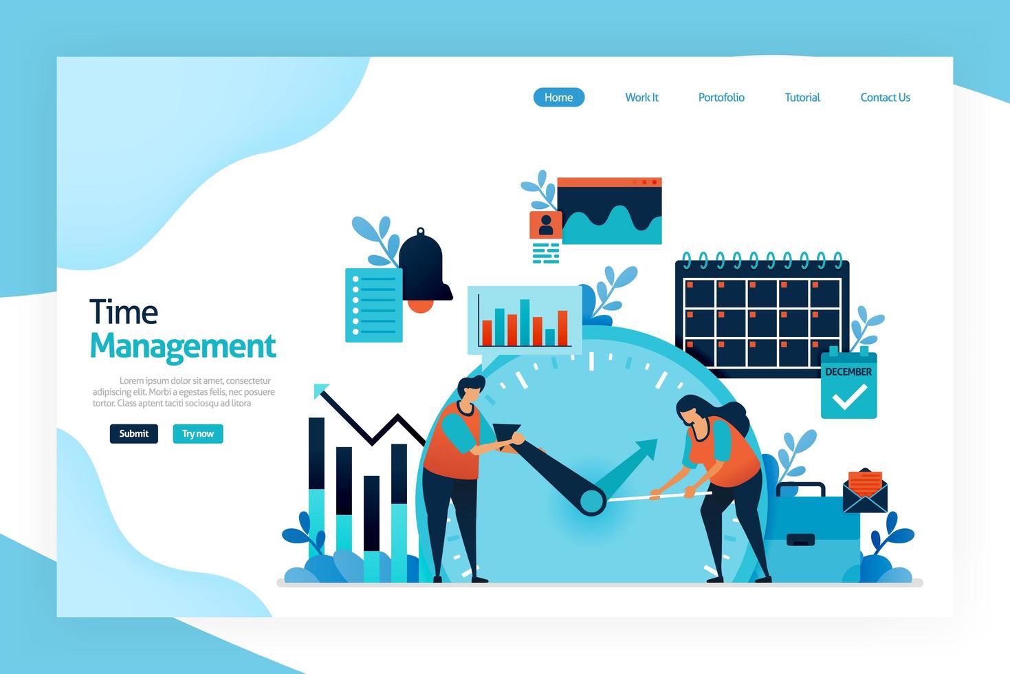 Landing page of Time management. planning, strategy control of time spent in activities. increase effectiveness, efficiency, and productivity on work, social life, family, hobbies, personal interests vector