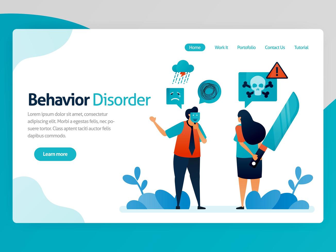 Illustration of behavior disorder. False emotions. Multiple personality. Hypocritical. Lying with yourself. Desire to kill. Vector cartoon for website homepage header landing web page template apps