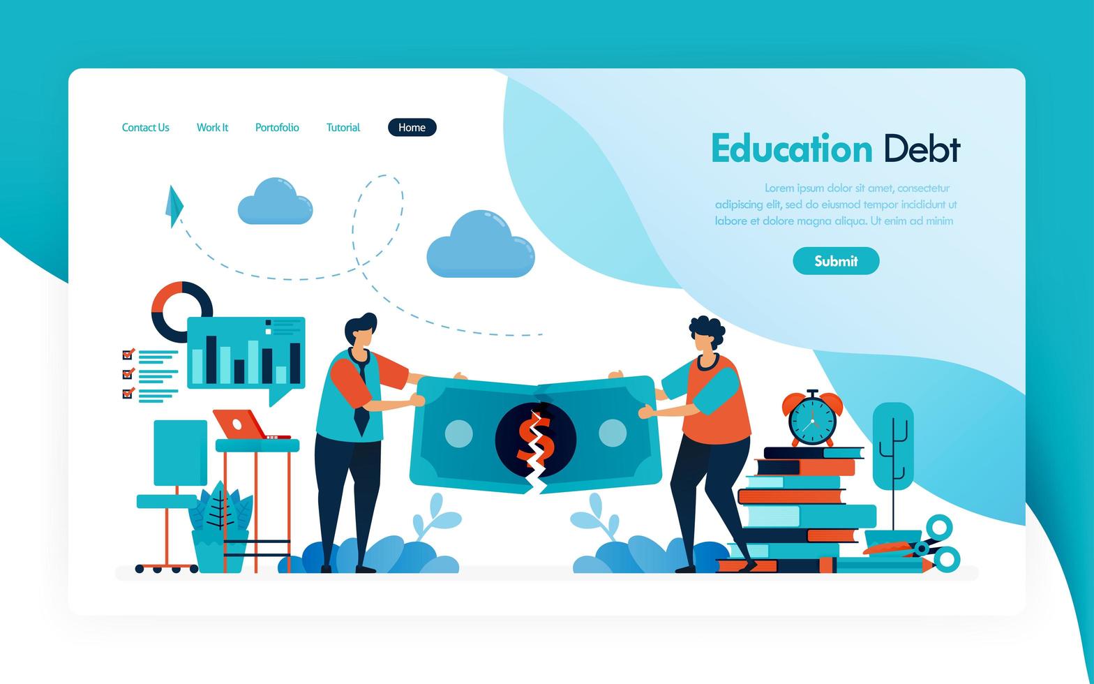 landing page for tuition fees, education debt, scholarship loan, torn of money, budget for learning and university, financial donation and charity for education. vector design for flyer poster mobile