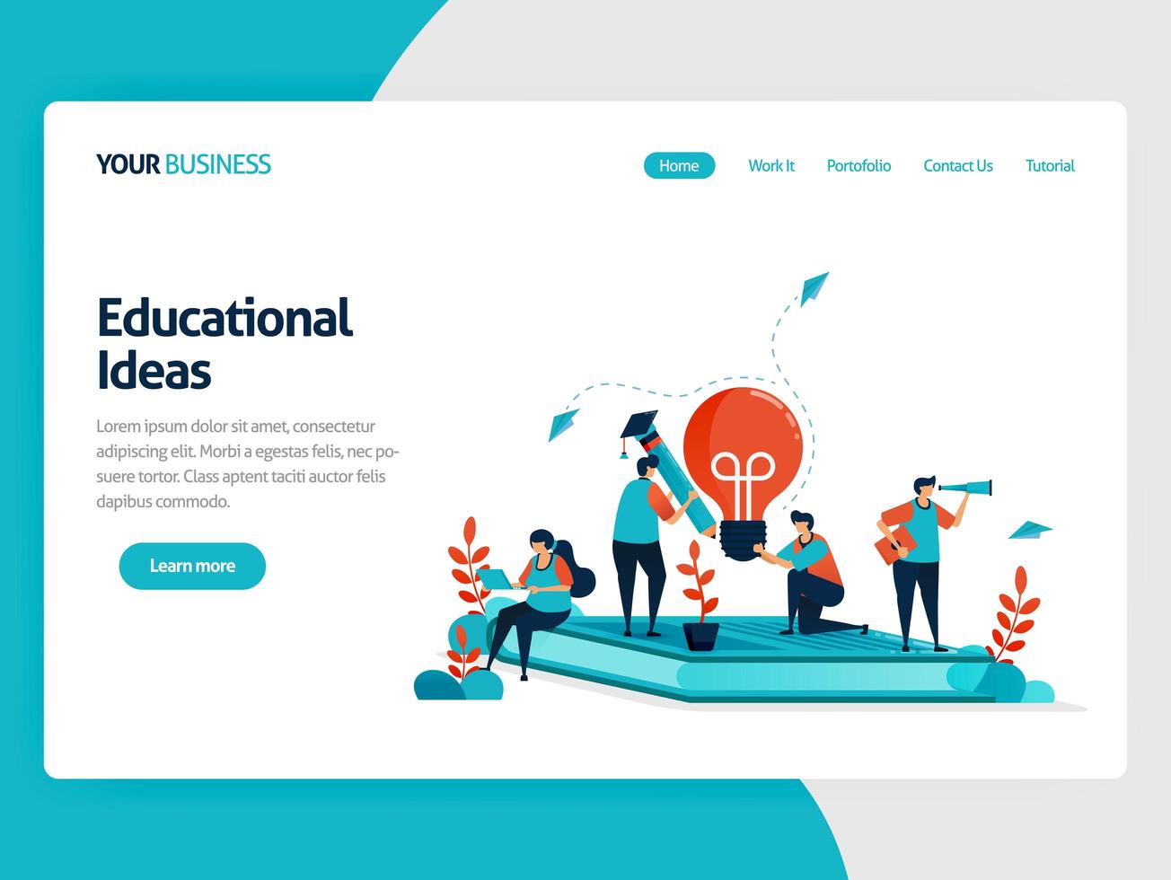 Ideas and inspiration in learning and education. People sitting on books. Modern online learning. Lamp bulb and pencil. Education business. Illustration for business card, banner, brochure, flyer vector