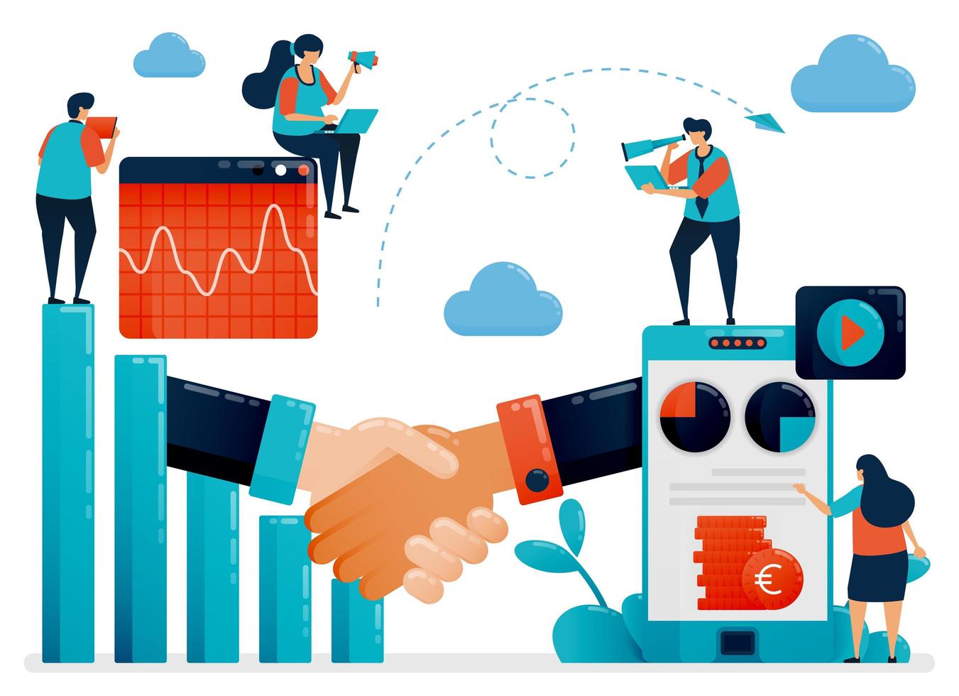 Collaboration to get return on profit and opportunities. Bar chart and diagram. Mobile financial chart. Business analysis. Flat vector human illustration for landing page, website, mobile, poster