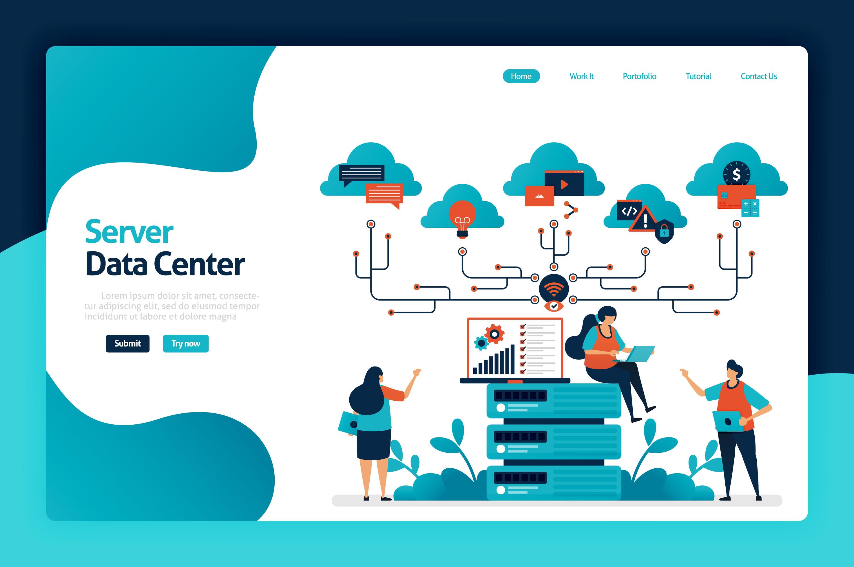 Server data center landing page design. data storage and analysis