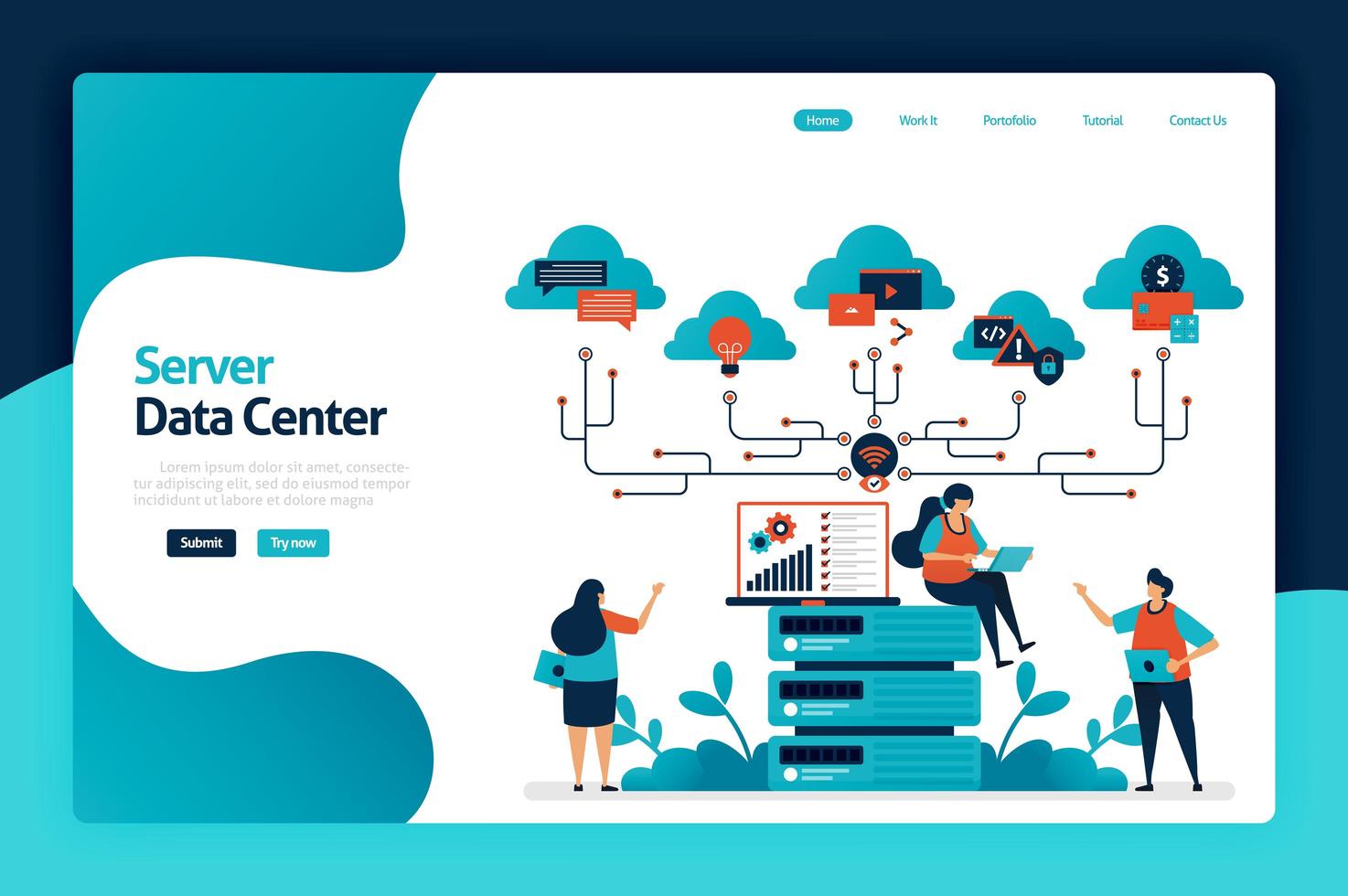 Server data center landing page design. data storage and analysis services in database, computing support and big data management services. vector illustration for poster, website, flyer, mobile app