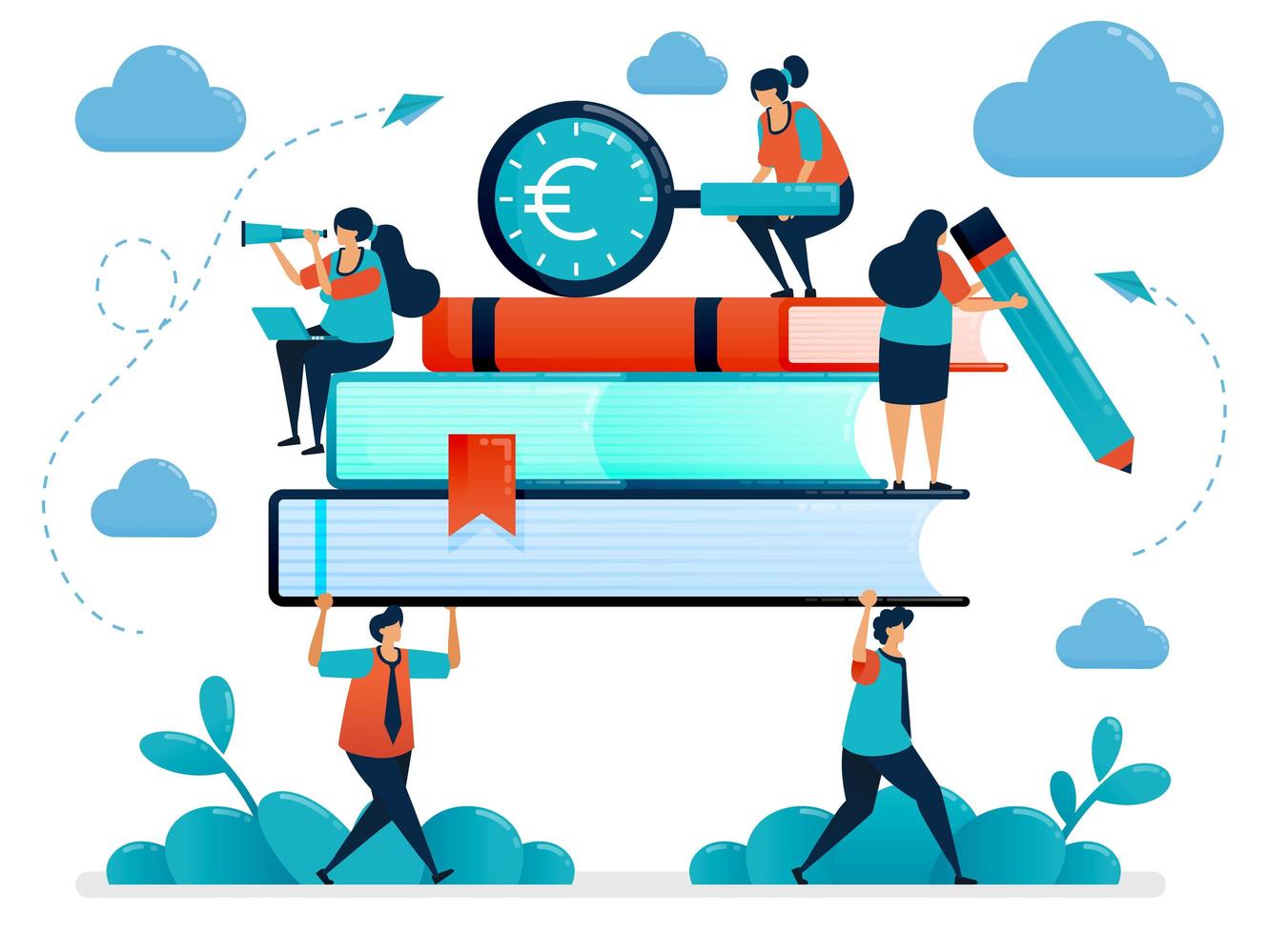 Metaphors of burden of education costs. Students carry heavy books. Looking for education funding. Free school scholarship program. Vector illustration, graphic design, card, banner, brochure, flyer