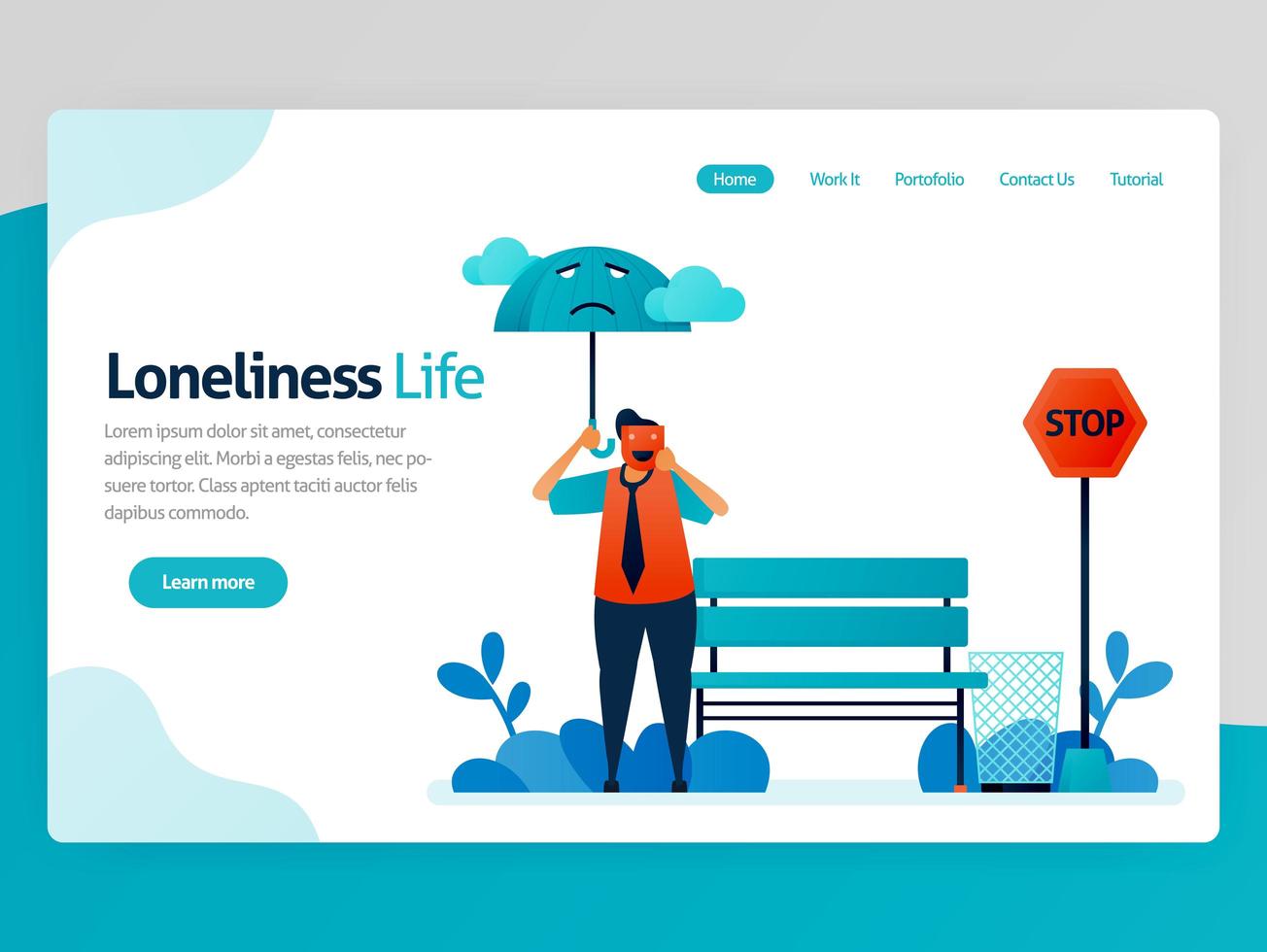 Illustration of loneliness life. Feeling lonely, unhappy, alone, sad, useless. Mental illness. Feel failure, not appreciated. Vector cartoon for website homepage header landing web page template apps