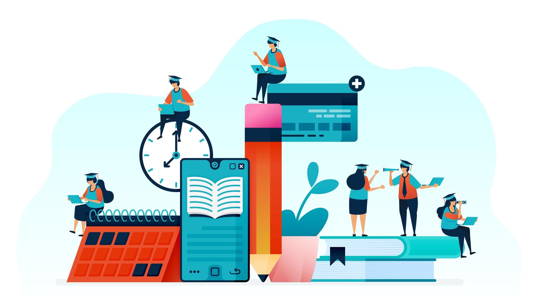 Vector illustration of people learn to use e-books with mobile apps. read books with smartphone for online courses, webinar and tutorials. online teaching and tutoring. For landing page, web, poster