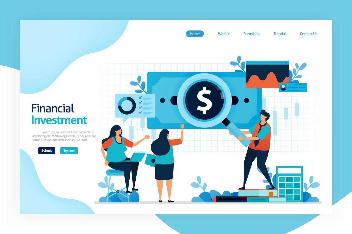 Landing page of financial investment. invest to allocate money in expectation of benefit in future. investment return, dividends, interest, rental income of capital gain and currency exchange rates vector