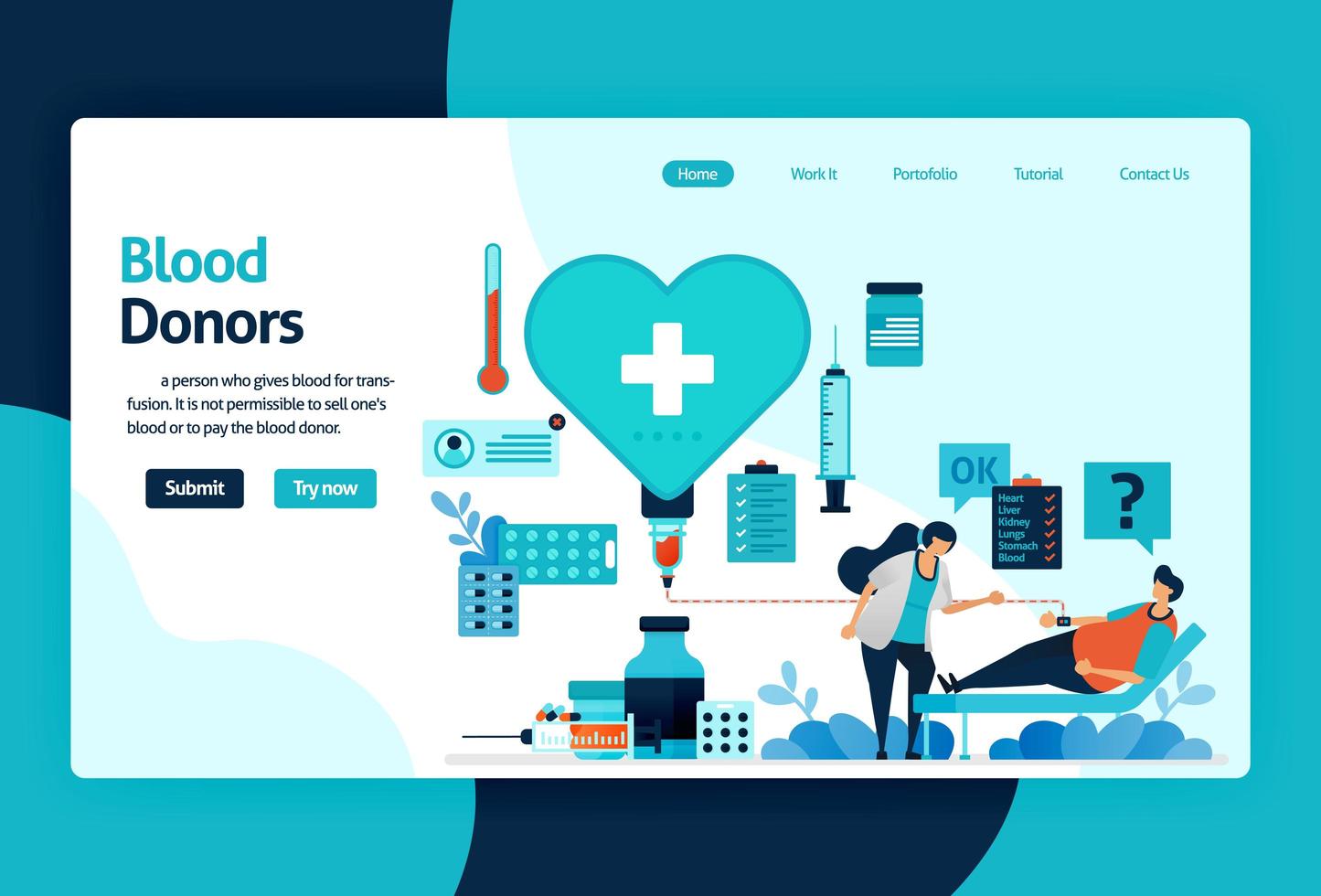 Vector flat illustration template of Blood donation and Charity. June 14 is blood donor day, heart with a red cross symbol, medical check-up awareness. for banner, landing page, web, website, mobile