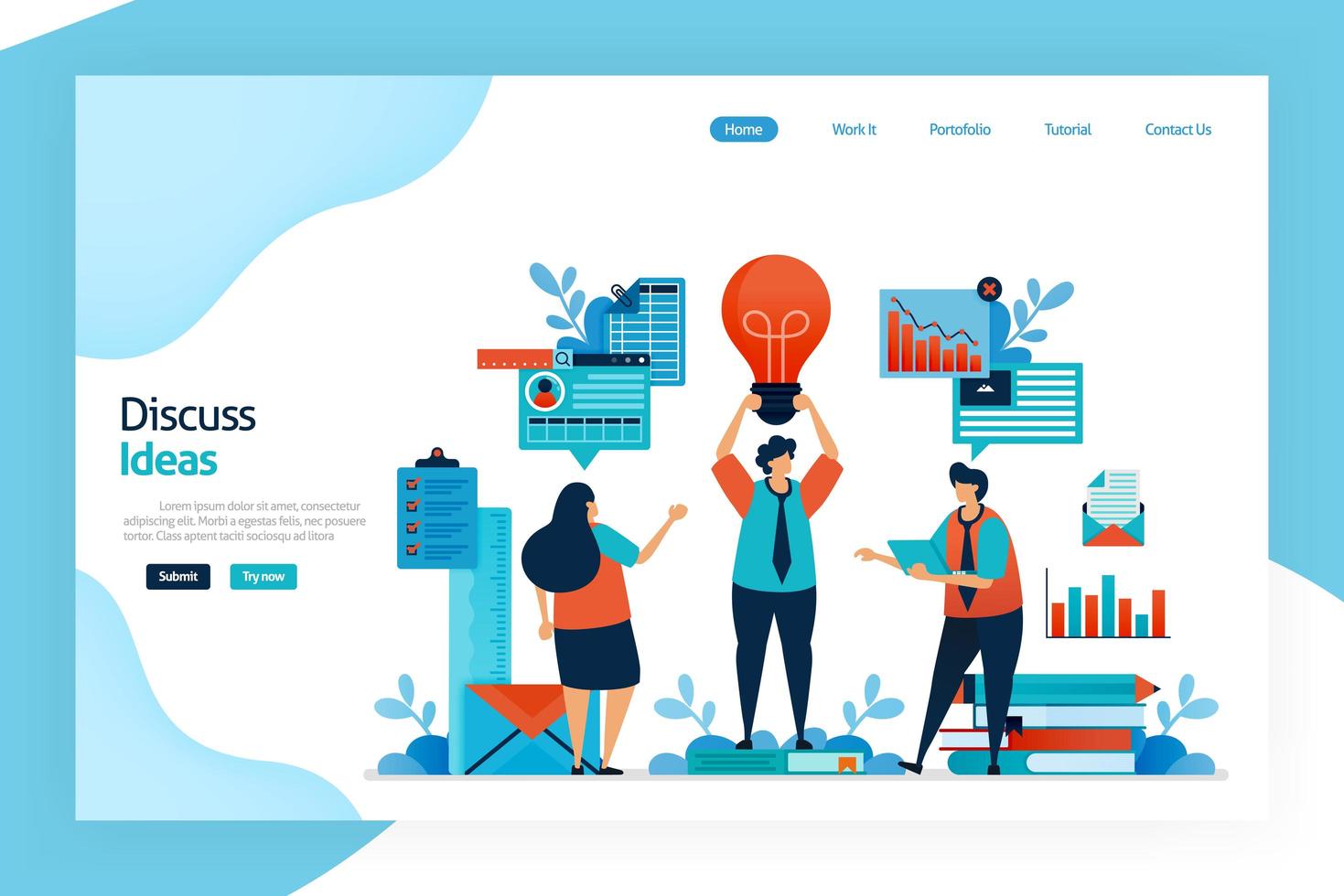 Landing page of discuss idea. Brainstorming to get a business idea that innovative, unique, problem solving, profitable. Improving business strategy and product innovation. For website, mobile apps vector