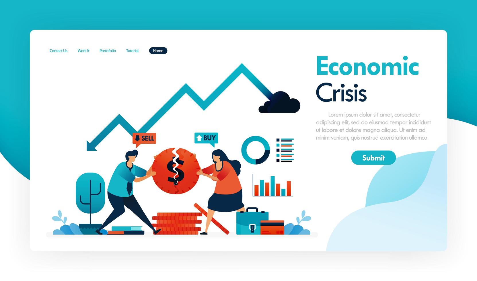 crisis económica con caída del pib y aumento de la inflación, estrategia financiera y banca en recesión, monedas rotas, gráfico de análisis financiero, gráfico de estadísticas. diseño vectorial para aplicaciones móviles de carteles de volantes vector