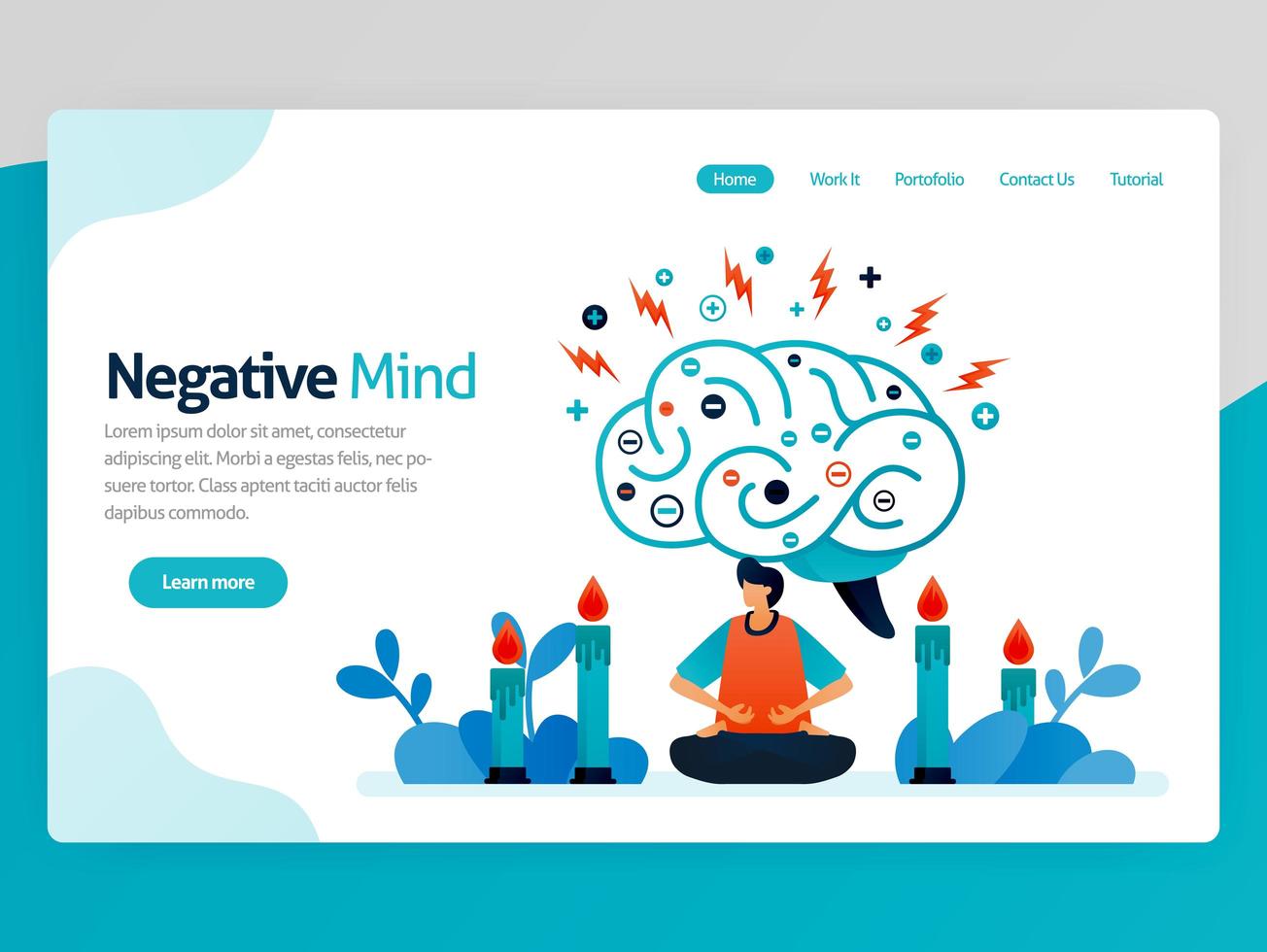 Illustration of negative mind. Meditation for healthy, healing, spiritual, relaxation, anti depression, ease mind, treatment. Vector cartoon for website homepage header landing web page template apps