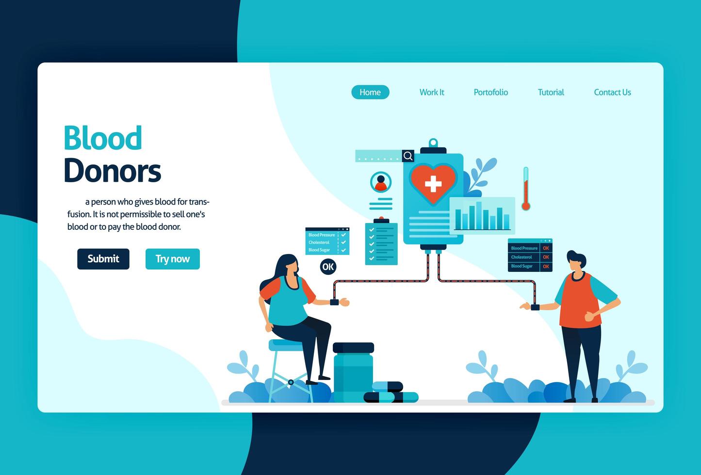 Vector flat illustration template of Blood donation and Charity. June 14 is blood donor day, medical check-up awareness, Transfusion in hospital. for banner, landing page, web, website, mobile apps